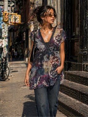 Crisca Escada Y2K Sheer Floral Tunic Dress Purple Blue Size L Boho Layered Top